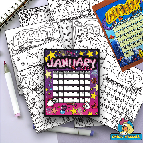 Calendar 2026 Cute Chickens and Hens to colour January - December