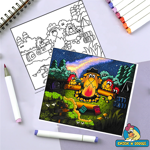 Campfire Chickens Colouring Page