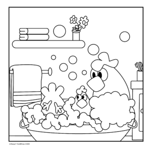 color cute bird and chick taking bath