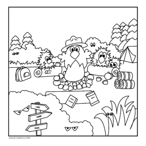 Color hand drawn funny Chicken troop lead telling ghost stories around campfire