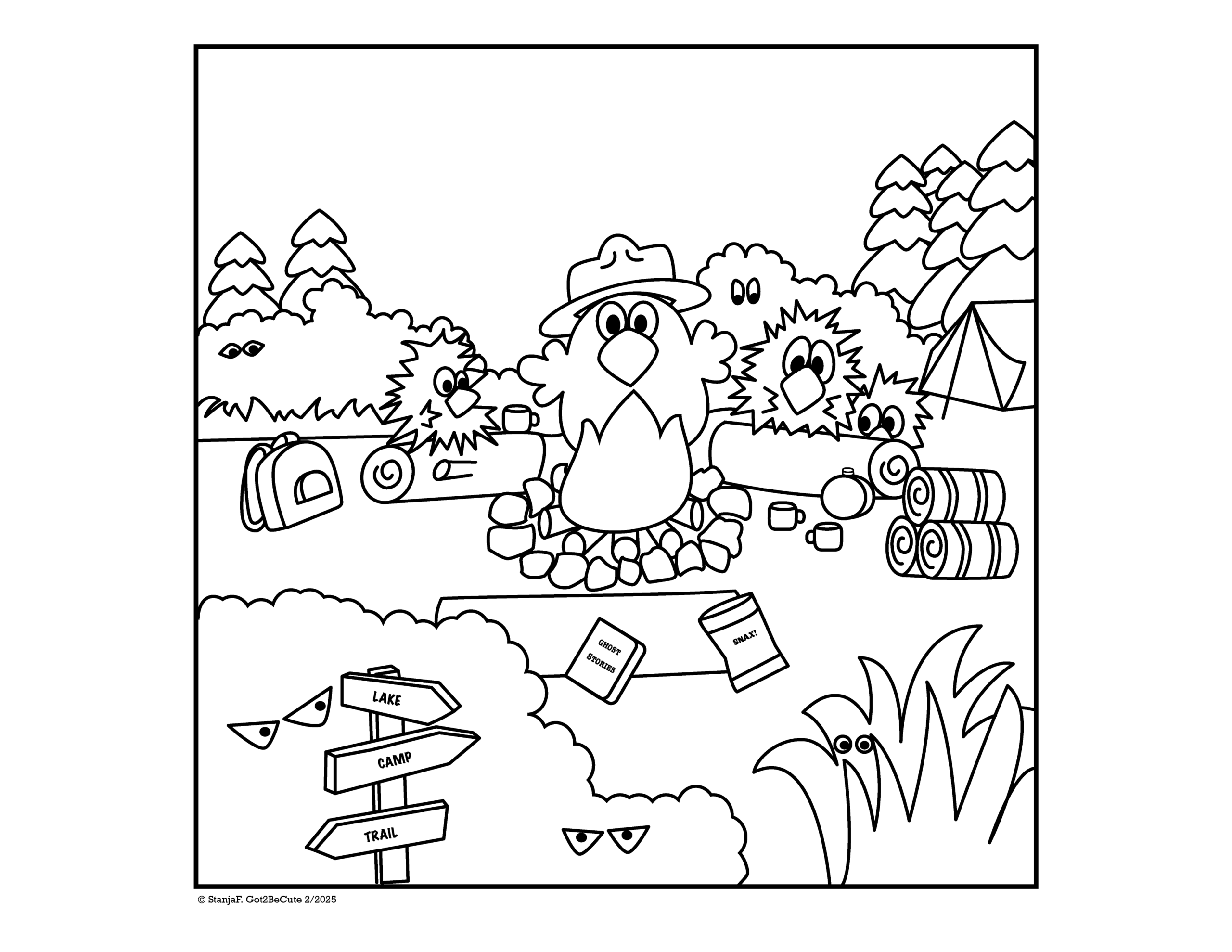 Color hand drawn funny Chicken troop lead telling ghost stories around campfire