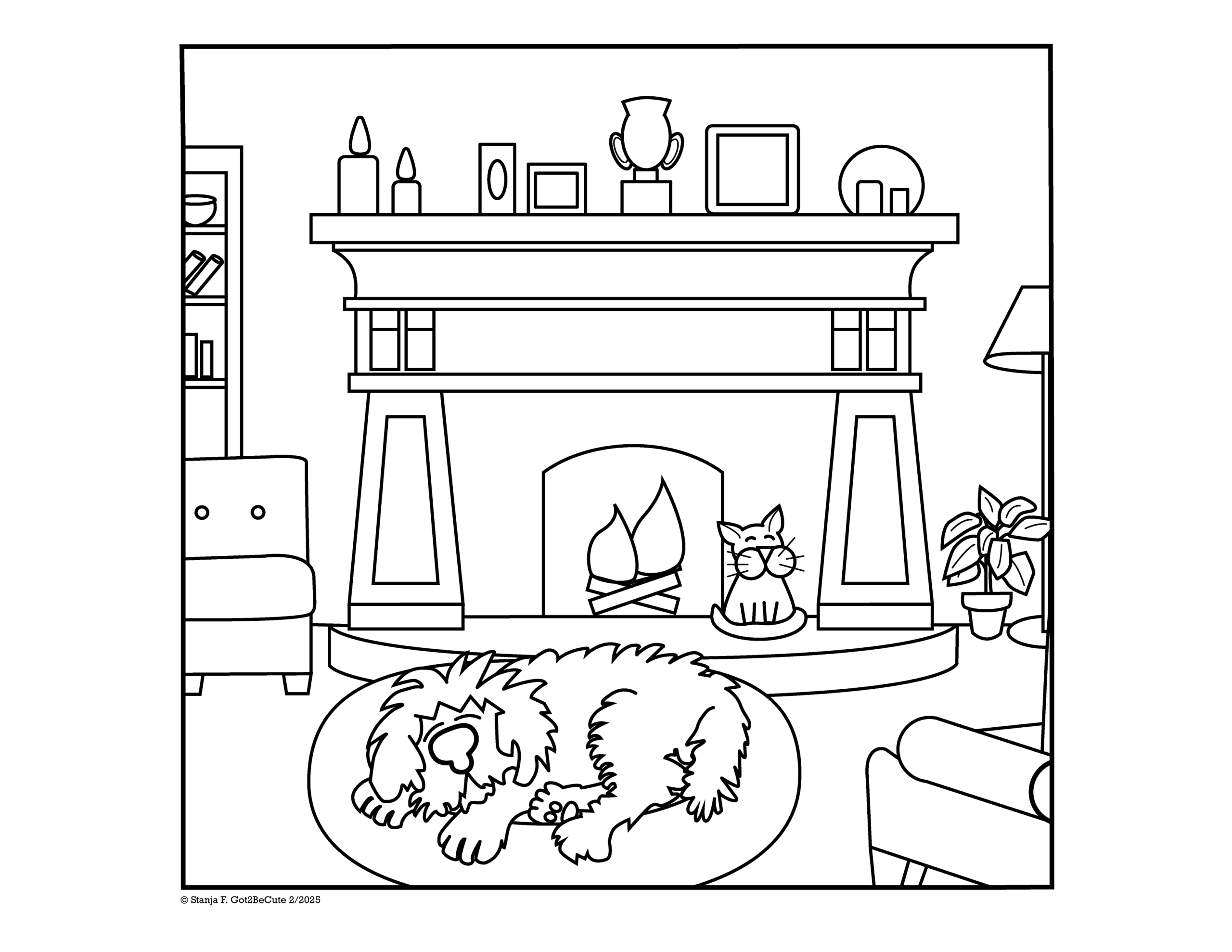 Cozy pets in front of fire