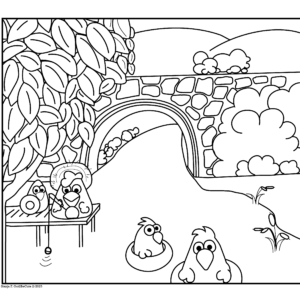 Color hand drawn funny Baby chicks at swimming hole