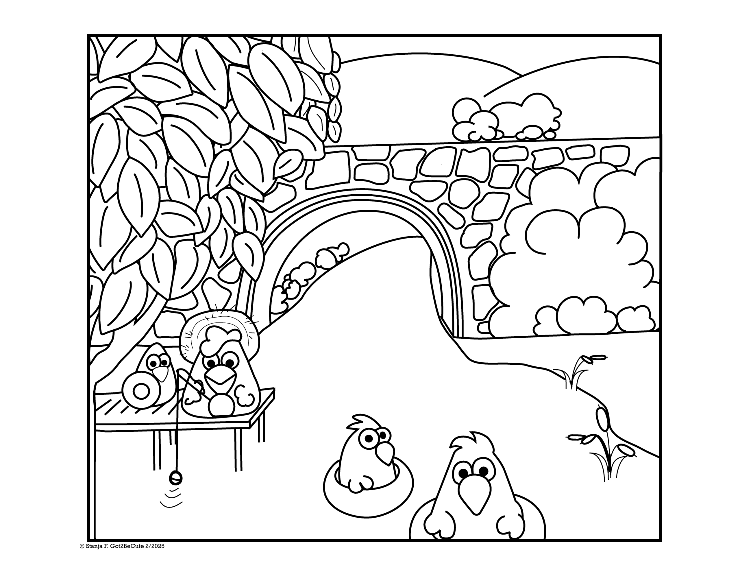 Color hand drawn funny Baby chicks at swimming hole
