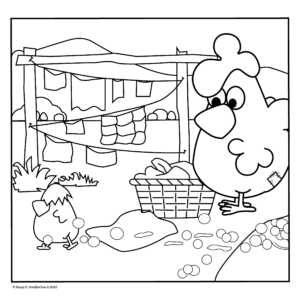 Color Mama hen doing laundry with cute naughty chick