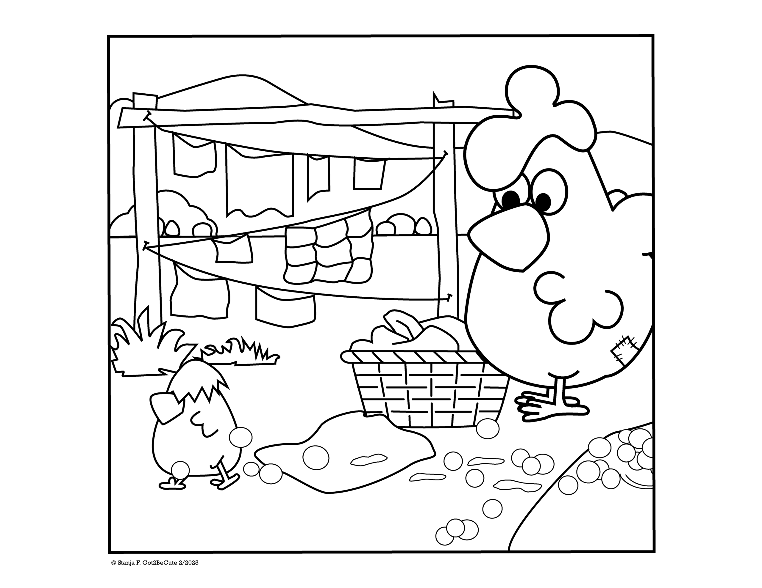 Color Mama hen doing laundry with cute naughty chick