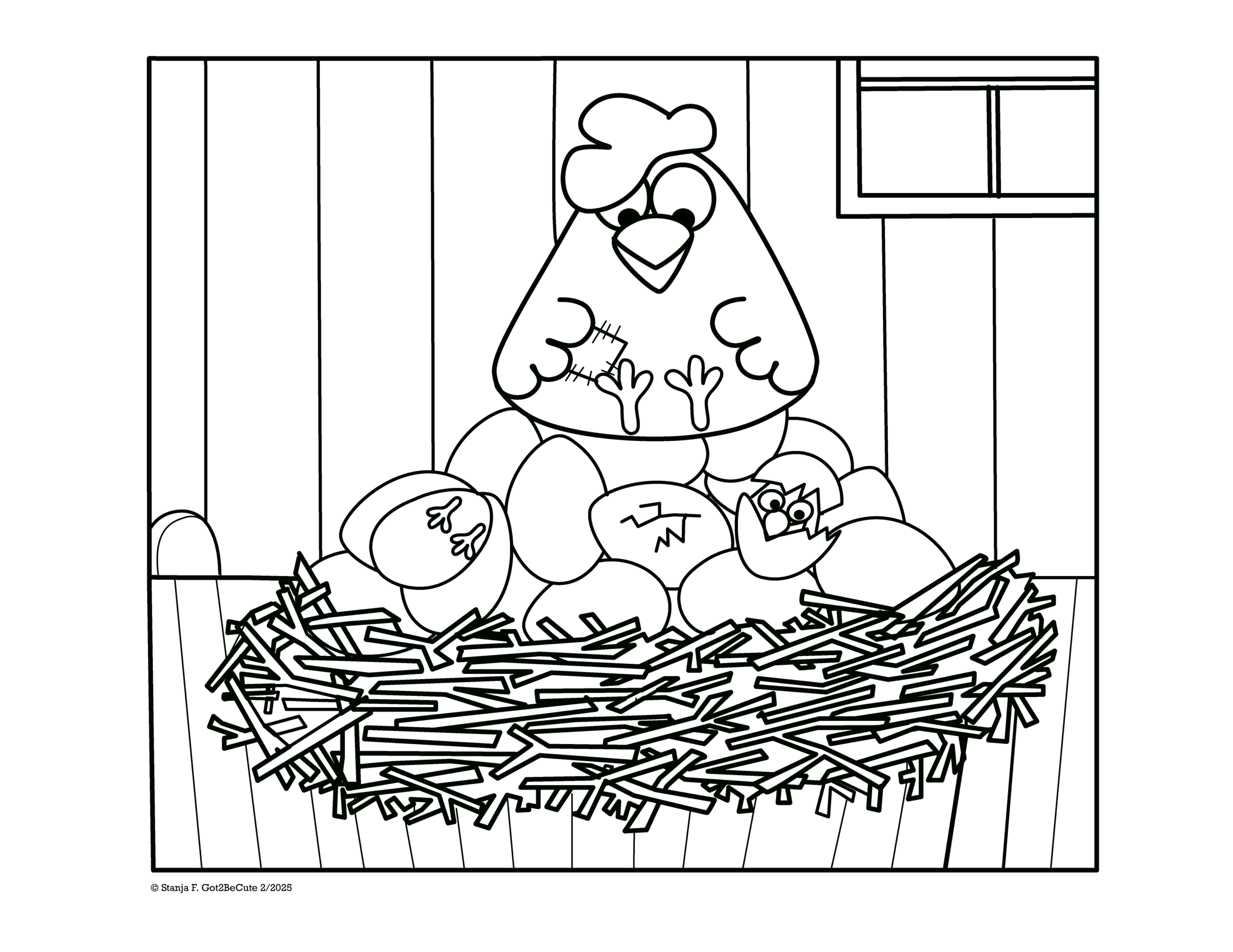 Cute and funny Mama hen on cozy eggs in Nest
