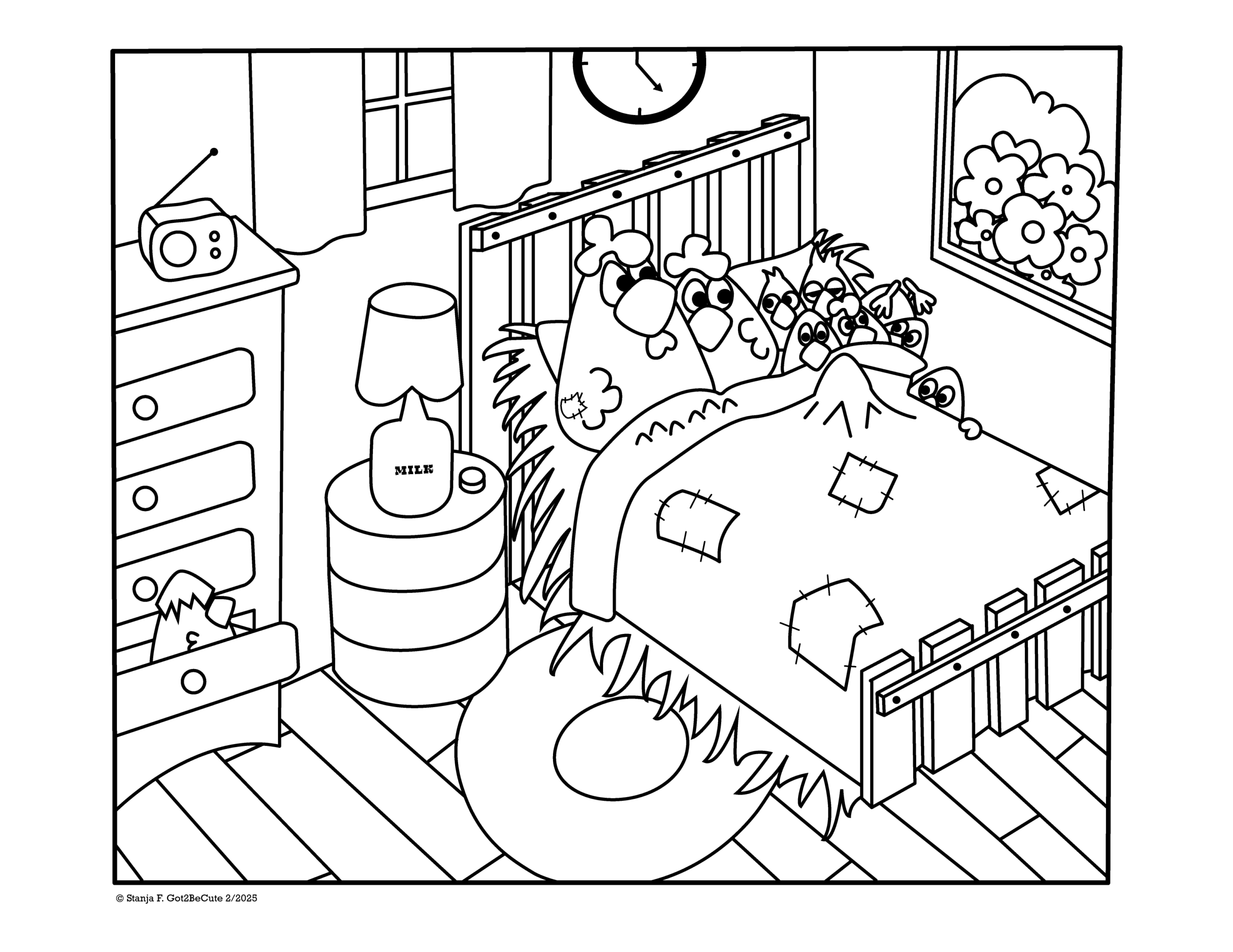 Rise and Shine - cute adult colouring pages of farm chickens