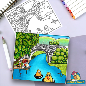 Fishing Swimming Chickens Colouring Page