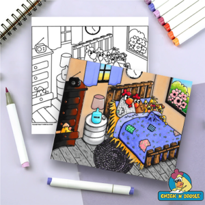 Cute adult colouring pages of farm chickens