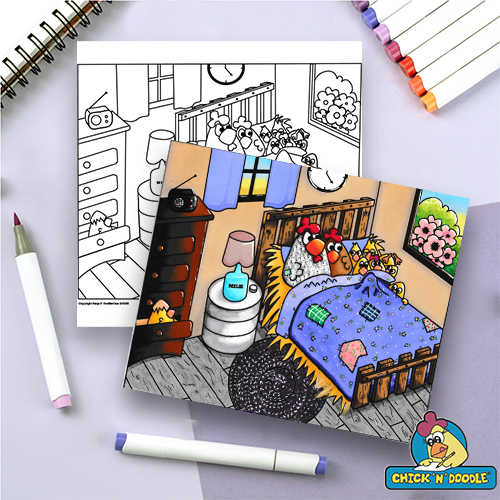 Cute adult colouring pages of farm chickens