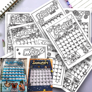 2026 cute and funny colourable month view planner stickers for adult coloring and planners - size A5