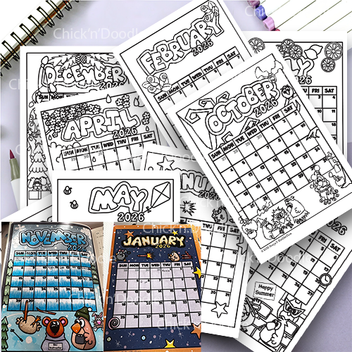2026 cute and funny colourable month view planner stickers for adult coloring and planners - size A5
