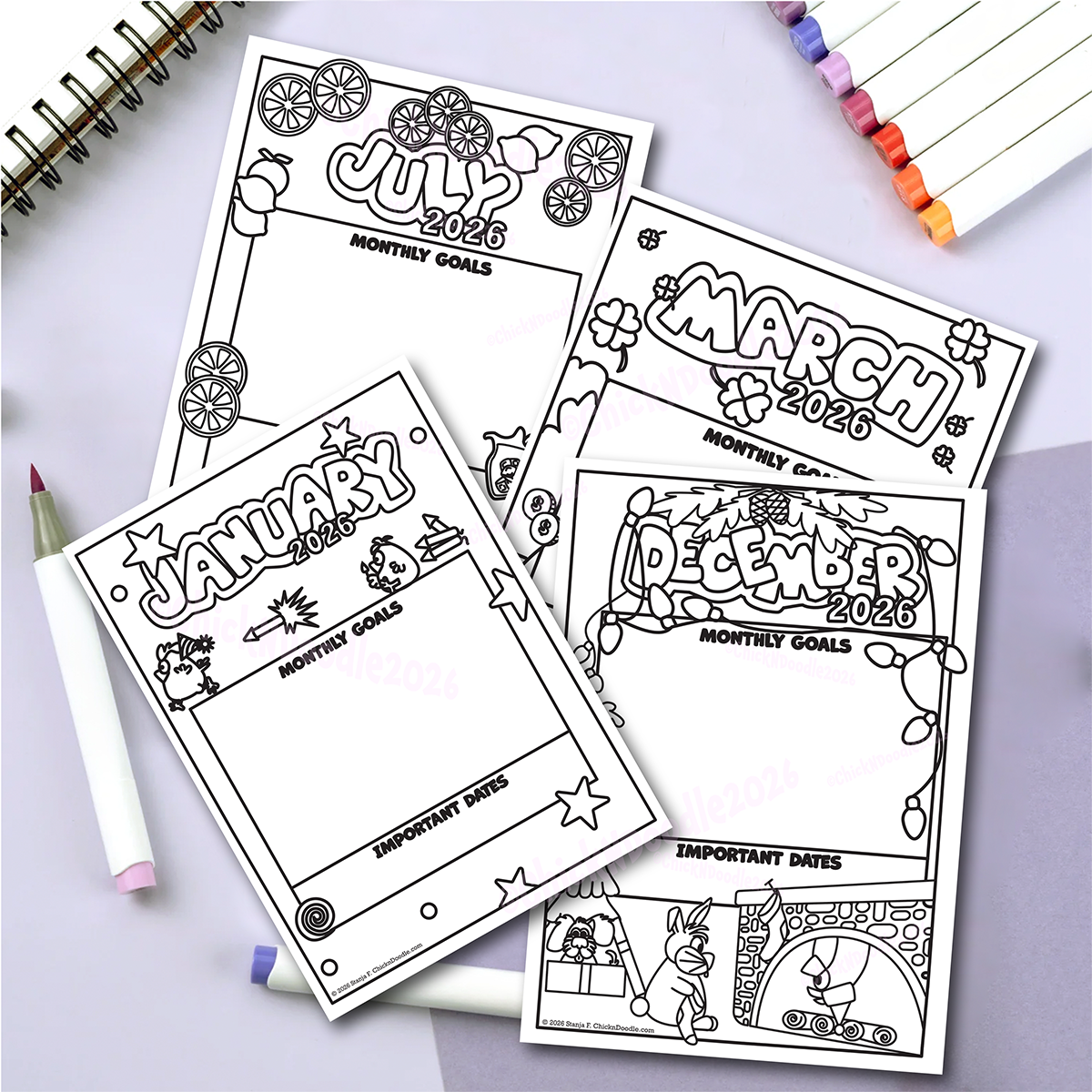 Handmade Monthly Goals Stickers for Planners and Journals - Digital Download for coloring