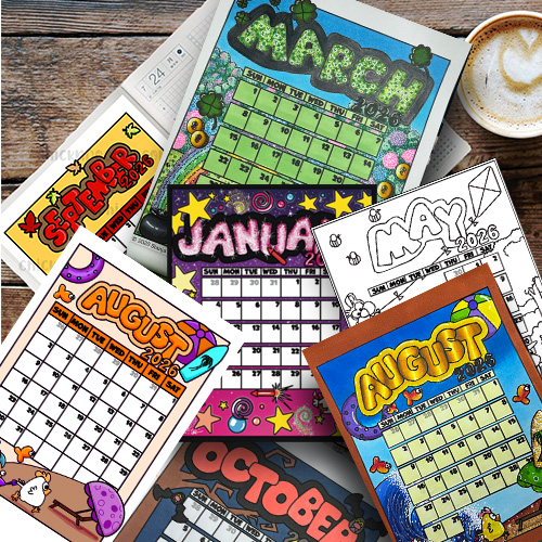 Colored and uncoloured calendar pages
